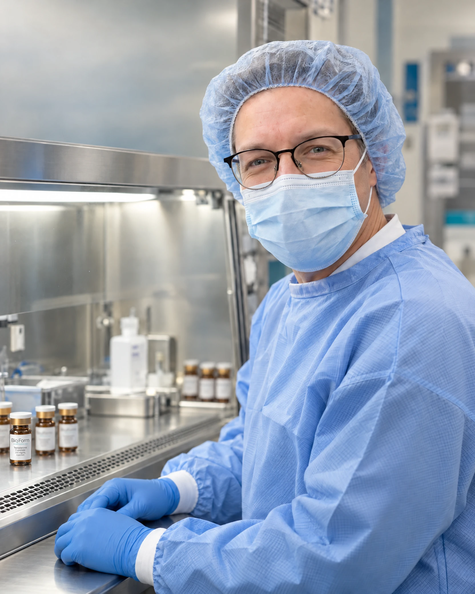 BioForm pharmacist beside the sterile compounding hood